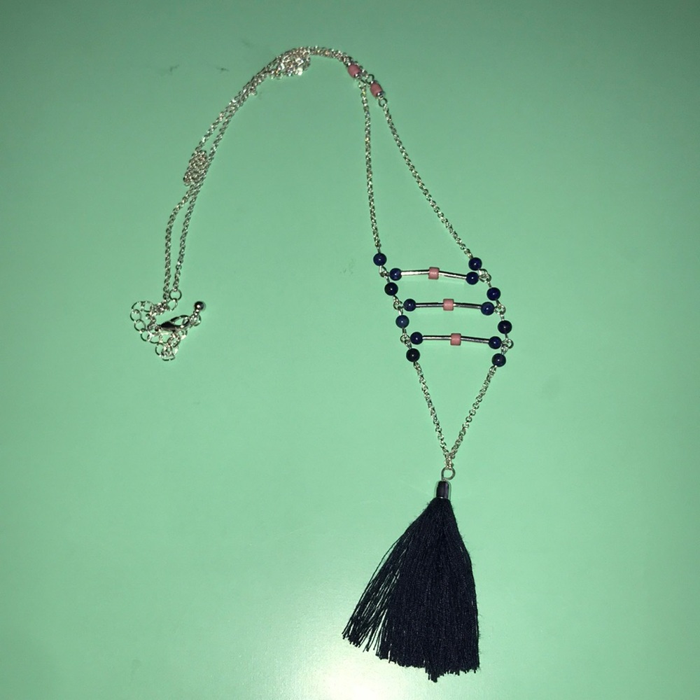 Navy & pink tassel necklace